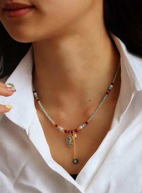 原创新中式时尚复古彩色滴油小马串珠项链百搭高级感夏季锁骨