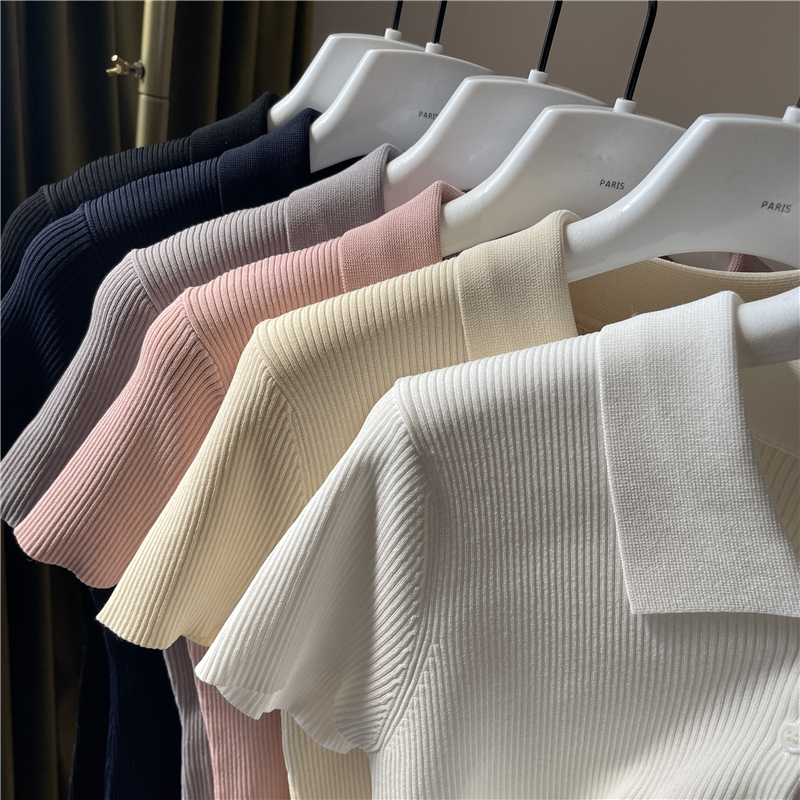 冰丝针织Polo领纽扣短袖针织衫女夏季新韩版修身显瘦T恤上衣chic - 图1