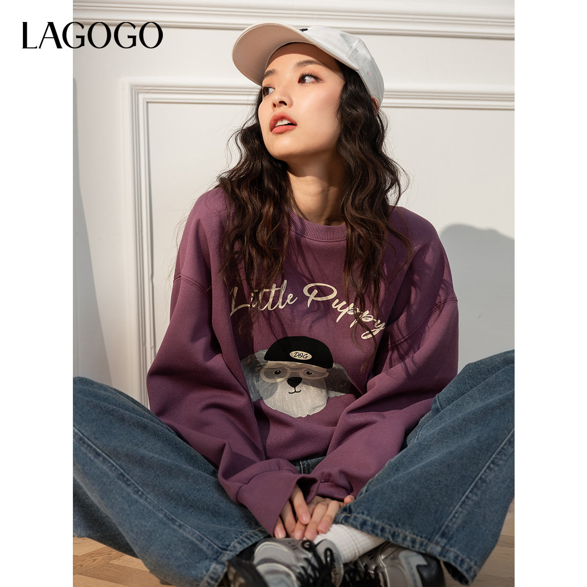 LAGOGO卡通减龄宽松紫色针织卫衣女拉谷谷2025秋冬新款好看上衣,淘宝优惠券,粉丝福利购,淘宝优惠卷