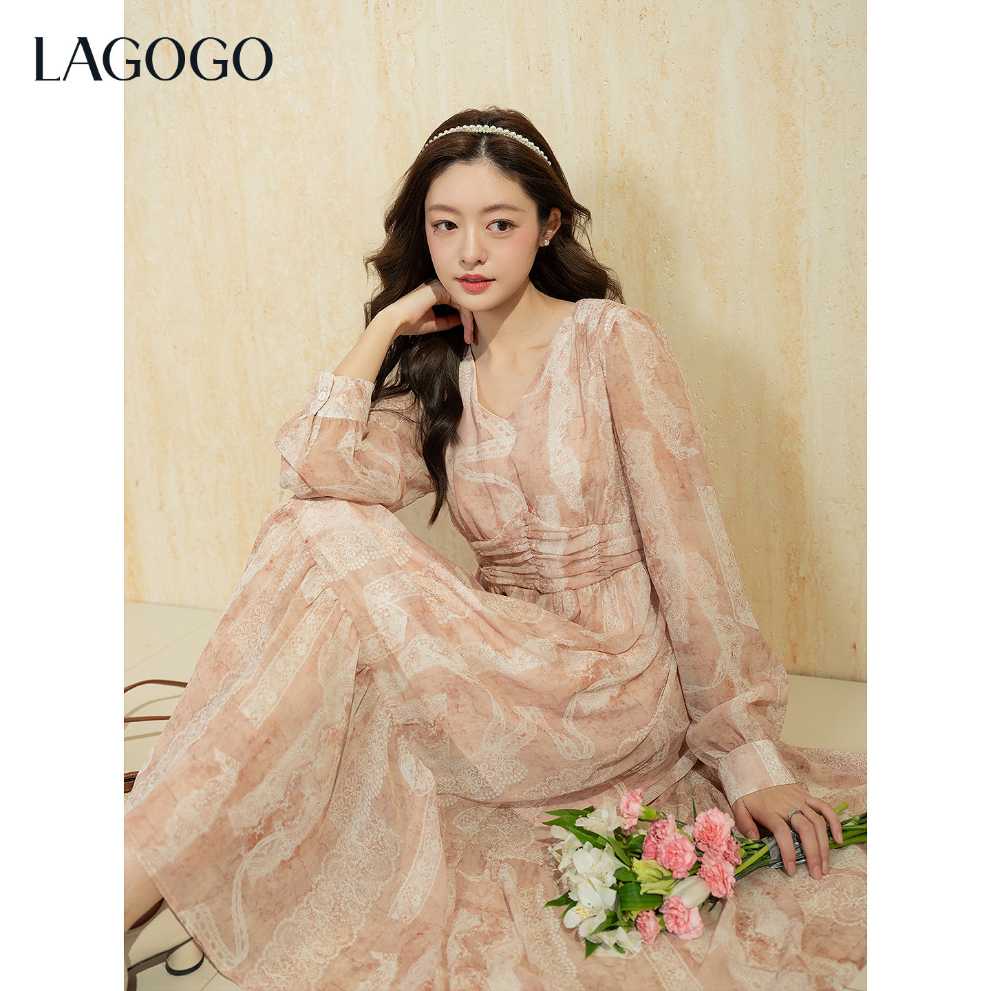 LAGOGO浪漫蔷薇雪纺连衣裙女拉谷谷2026春新款蕾丝印花温柔气质裙,淘宝优惠券,粉丝福利购,淘宝优惠卷