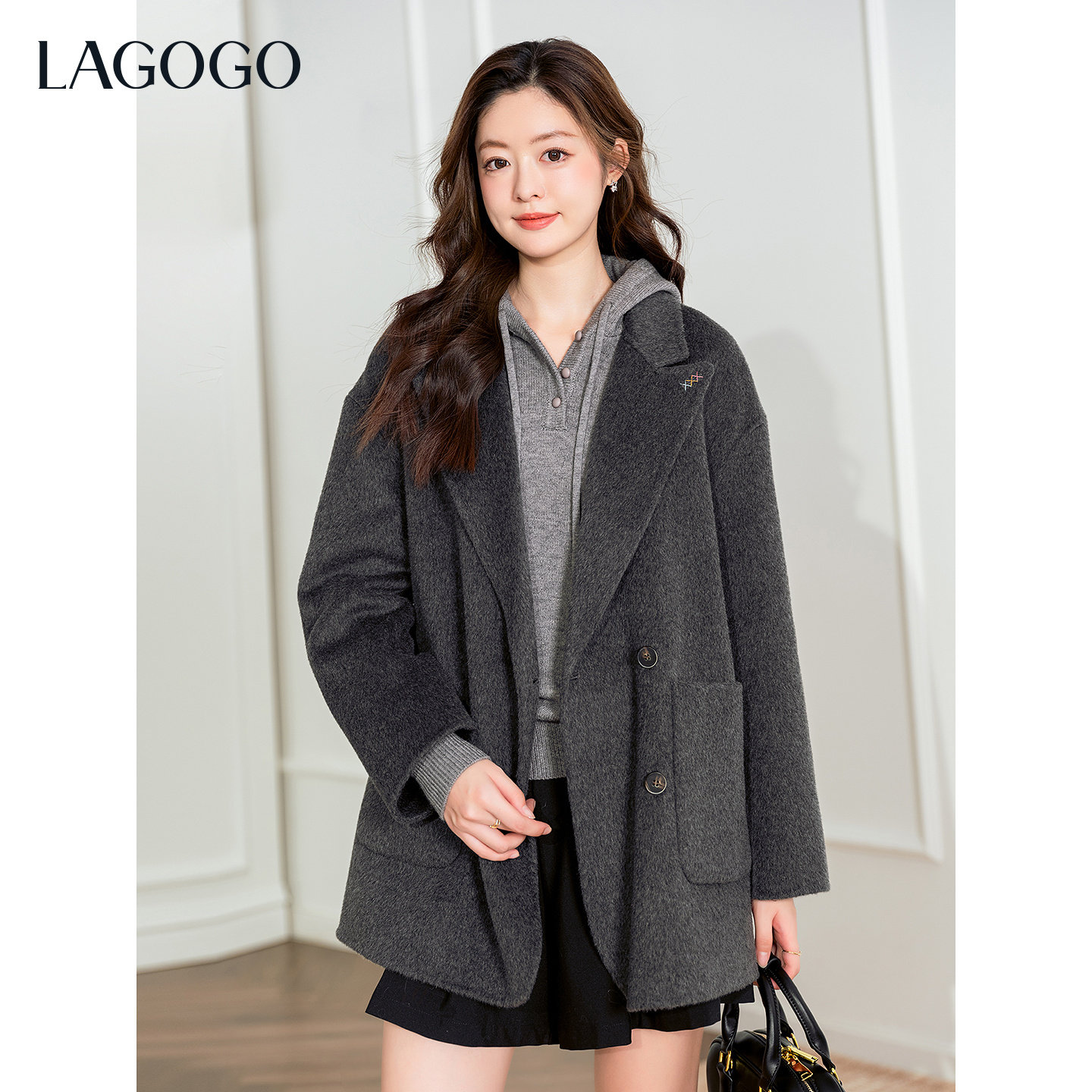 100%绵羊毛LAGOGO雾岛闲行灰色双面呢大衣拉谷谷2025冬新款外套,淘宝优惠券,粉丝福利购,淘宝优惠卷
