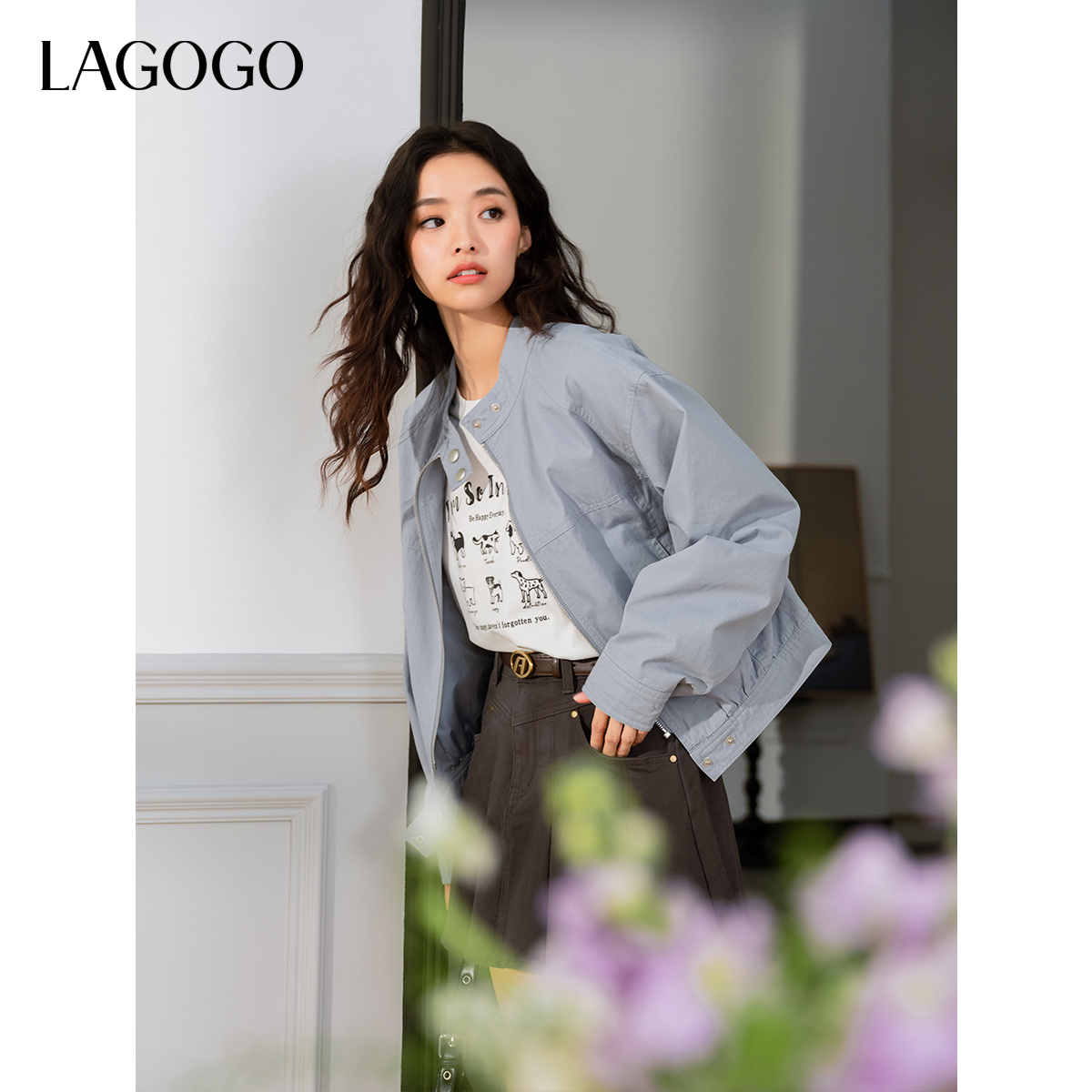 LAGOGO浅蓝立领短外套女拉谷谷2025秋冬新款小个子户外穿搭夹克衫 - 图0