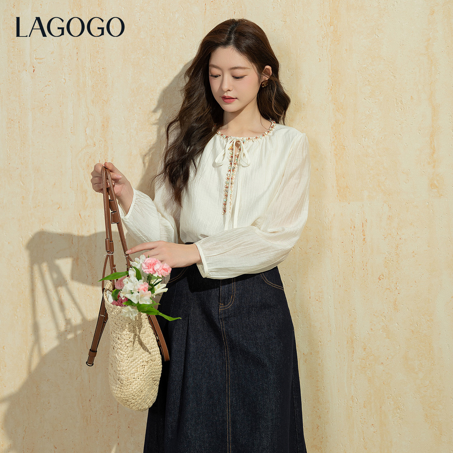 LAGOGO自由波西长袖天丝衬衫女拉谷谷2026春新款钉珠系带度假上衣,淘宝优惠券,粉丝福利购,淘宝优惠卷