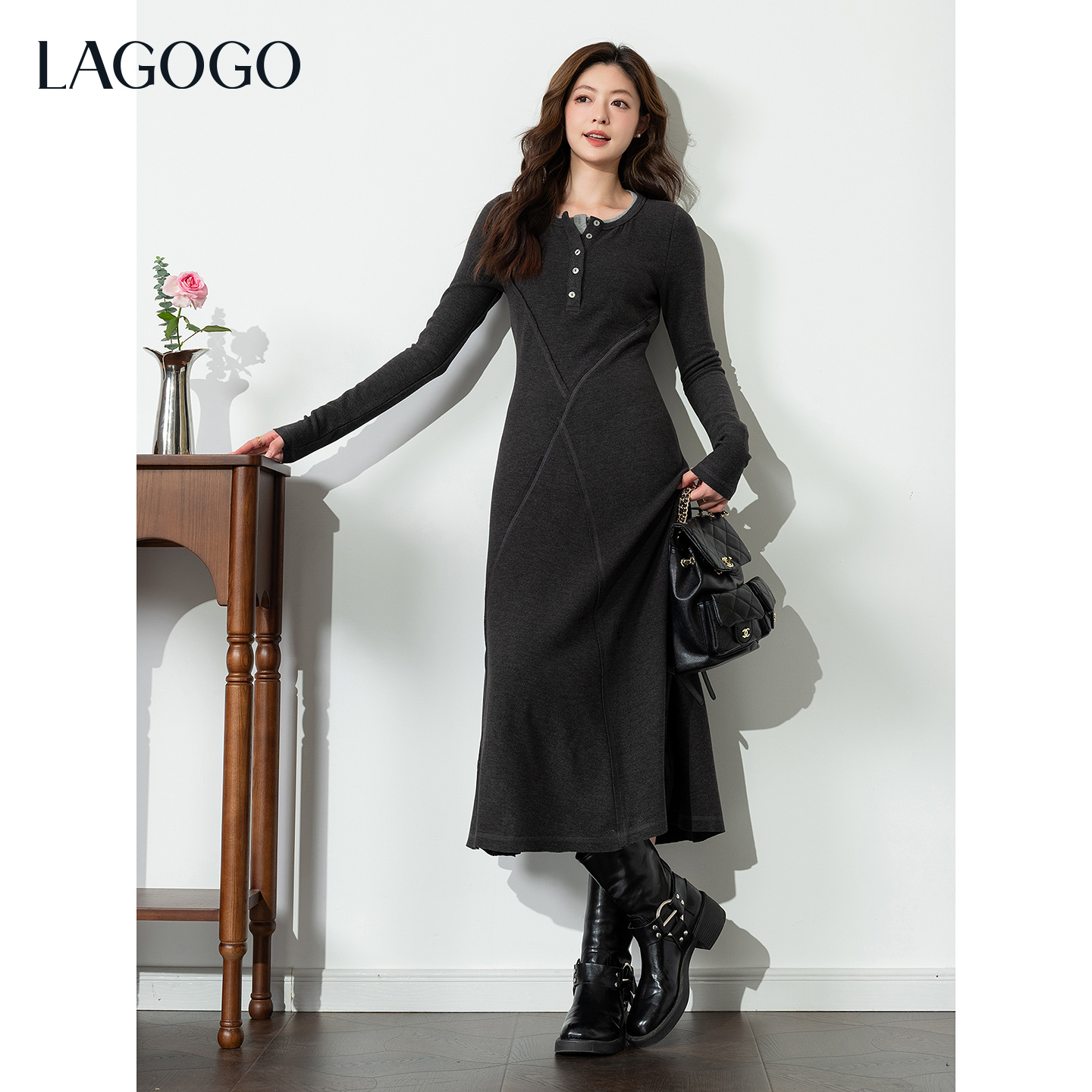 LAGOGO内搭打底连衣裙女拉谷谷2025冬新款保暖撞色假两件显瘦裙子