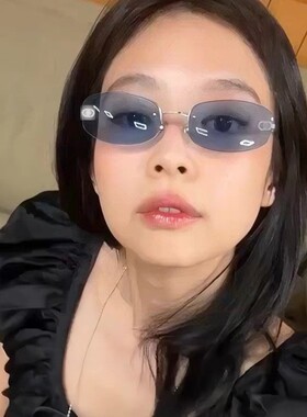 Jennie同款墨镜欧美辣妹风无边框蓝色太阳眼镜y2k高级感中古女潮