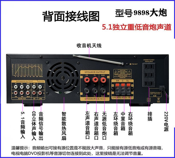 5声道功放机家用KTV大功率音响蓝牙收音USB插卡重低音卡拉ok功放