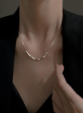 几何方块拼接项链女夏小众方形锁骨链简约图形酷酷银色转运珠吊