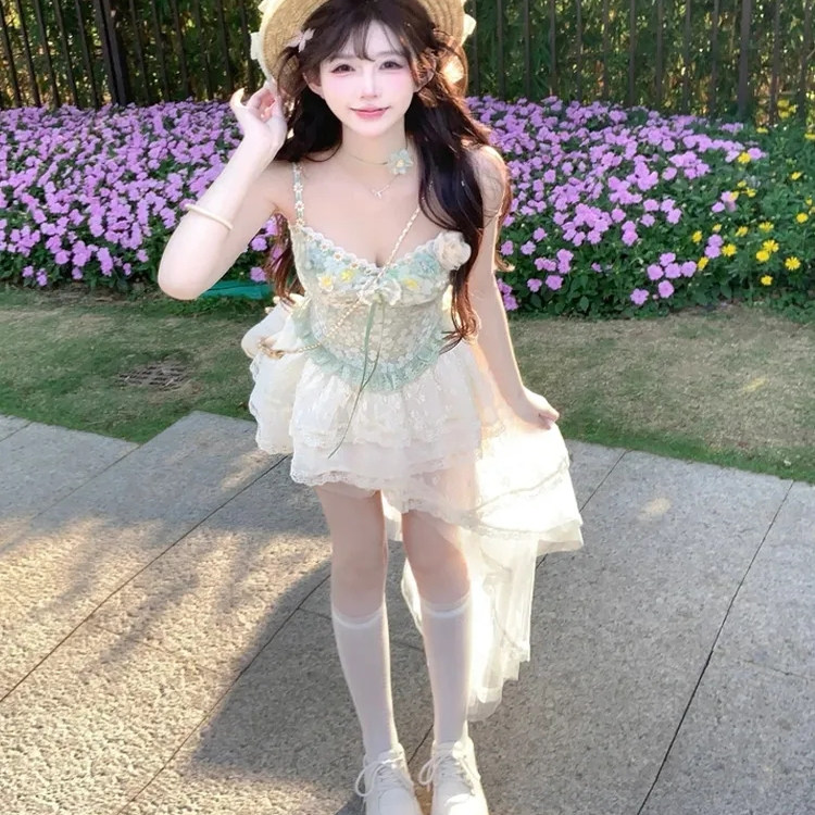 纯欲风立体花朵蕾丝拼接吊带背心女夏季2025新款不规则半身裙套装,淘宝优惠券,粉丝福利购,淘宝优惠卷