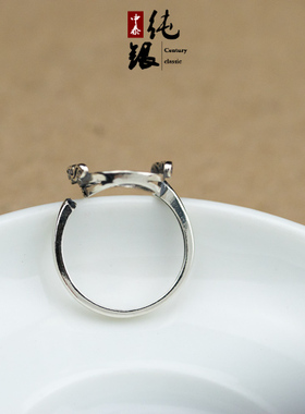 纯银蛋形镶嵌琥珀活口复古戒指托