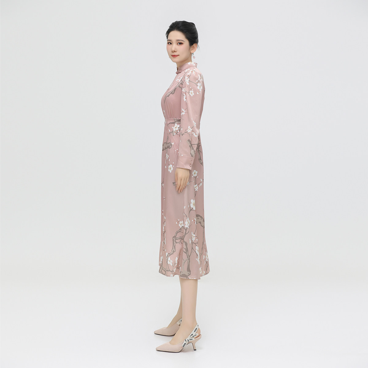 浒城古娘新款醋酸粉色印花复古优雅长袖新中式国风连衣裙女款春秋,淘宝优惠券,粉丝福利购,淘宝优惠卷