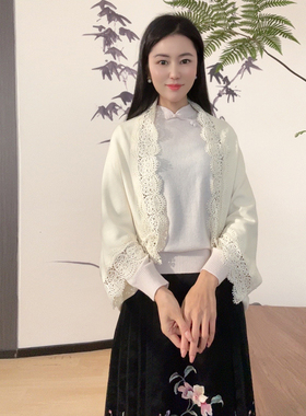浒城古娘新款百搭简约时尚保暖纯色气质新中式国风针织披肩外套女