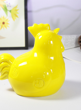 手工黄陶瓷公鸡风水储蓄罐摆件