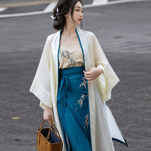 拟梦竹语国风原创宋制旋裙三件套长干寺天丝提花刺绣竹子日常汉服 - 图2