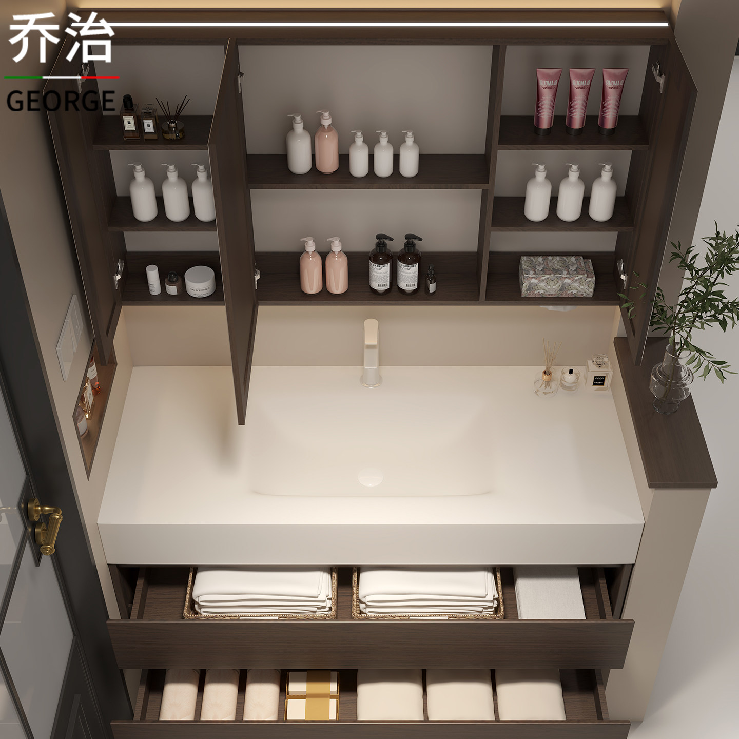 岩板热弯一体盆橡木浴室柜组合卫生间智能洗手洗脸洗漱台定制,淘宝优惠券,粉丝福利购,淘宝优惠卷