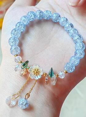 爆款冰裂爆珠山茶花水晶儿童手链女孩粉晶琉璃手串手饰品碎花送礼