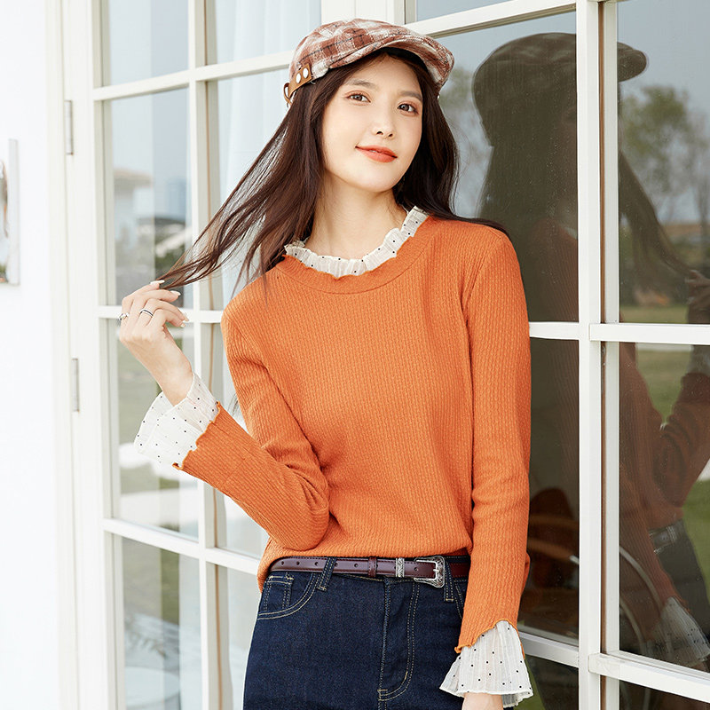 艾路丝婷雪纺荷叶边拼接长袖打底衫 艾路丝婷T恤