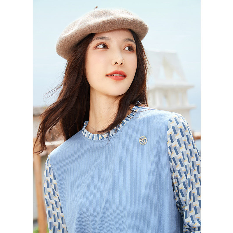 艾路丝婷雪纺拼接长袖女装2021 t恤 艾路丝婷T恤