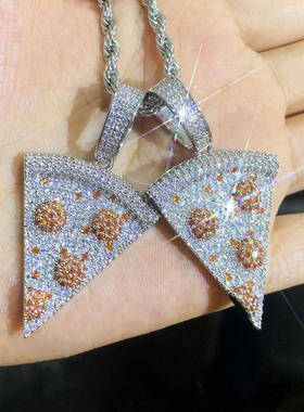 听杰2023新款欧美披萨吊坠铜镶锆石满钻个性新潮项链饰品爆款