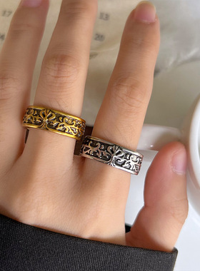 岚芷 复古唐草纹戒指男国潮民族风古金不掉色开口指环925银戒新品