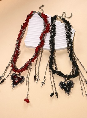 欧美跨境甜酷风碎石爱心十字架流苏项链高级感y2k辣妹小众锁骨链