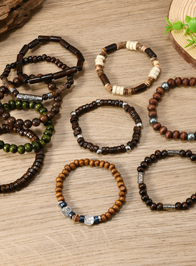 TEMU希音跨境新品波西米亚风椰壳木珠串珠弹力线男士手链手镯手环