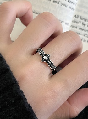 新款时髦锆石十字架戒指女小众设计感开口可调节百搭食指戒指环女