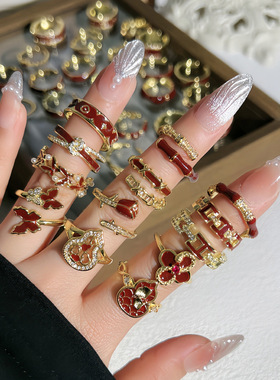 2025新款热卖复古安可拉红色集合戒指女小众设计感轻奢高级感指环