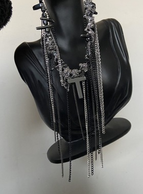 暗黑朋克重工链条流苏不规则串珠十字架吊坠项链女甜酷辣妹锁骨链