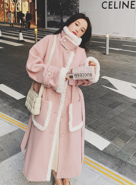 潮牌羊羔毛加厚毛呢大衣女士冬季