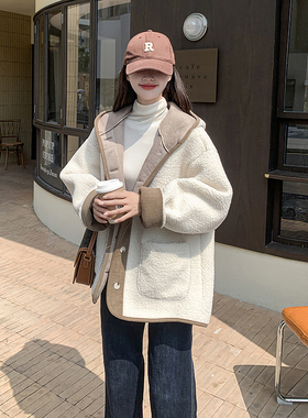潮牌连帽羊羔毛外套女冬季新款