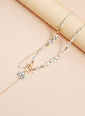 Norns欧美几何三角镶钻莲花项链ins个性创意拼色流苏OT扣necklace