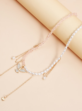 Norns欧美简约镶钻翅膀流苏项链凭借粉水晶米粒珍珠高贵串珠项饰