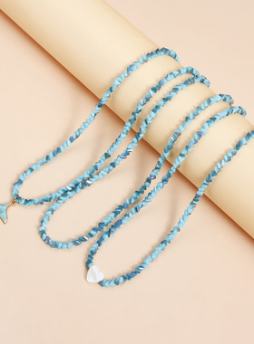 Norns波西米亚民族不规则海洋风多切面玻璃项链蓝色滴釉豚尾吊坠