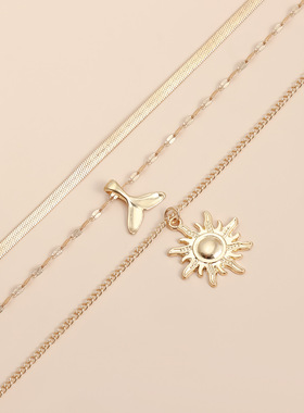 Norns欧美复古海豚尾太阳吊坠项链百搭高级感蛇链三层叠戴首饰