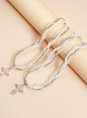 Norns欧美法式麻花仿珍珠缠绕镶钻十字架多层necklace项链锁骨链