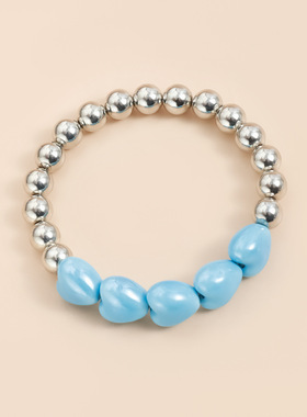 Norns欧美左右不对称拼接风蓝色爱心流苏项链创意圆珠串necklace