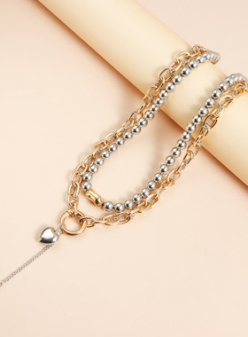 Norns欧美爱心金银双拼色爱心项链女创意多层串珠necklace锁骨链