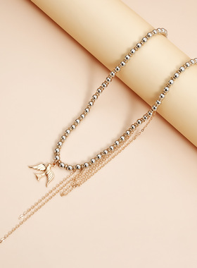 Norns欧美简约CCB串珠飞鸟流苏项链金属燕子吊坠流苏锁骨链燕子