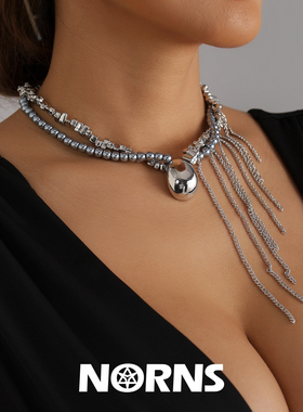 Norns欧美工业感冷淡风金属珠链流苏项链光滑吊坠不对称多层项链