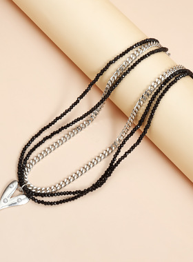 Norns欧美简约暗黑少女系爱心项链时尚双层辣妹黑色水晶necklace