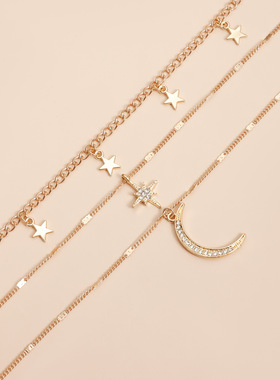 Norns欧美精致镶钻月亮星星芒星元素多层项链轻奢复古个性锁骨链