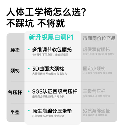 黑白调P1电脑椅人体工学椅办公椅可躺宿舍学习椅家用旋转电竞椅 - 图1