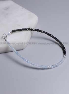 天然海蓝宝+黑曜石迷你方糖手链