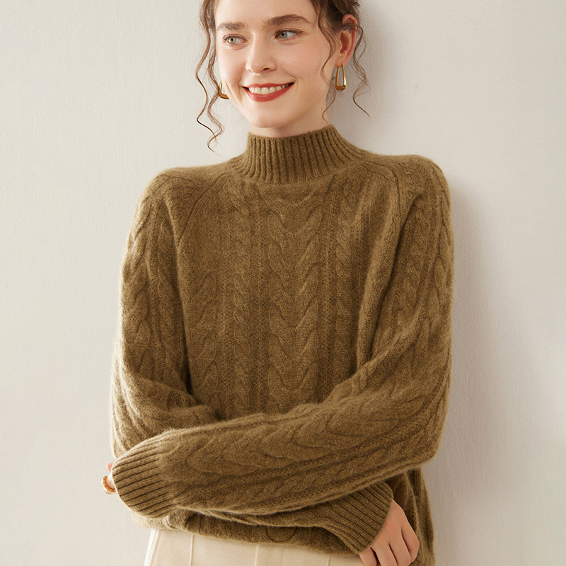 珍贝100%山羊绒麻花针织衫女半高领加厚保暖宽松套头毛衣打底衫女,淘宝优惠券,粉丝福利购,淘宝优惠卷