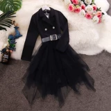 2022春夏新款OL气质西装领无袖双排扣拼接不规则网纱连衣裙女3903