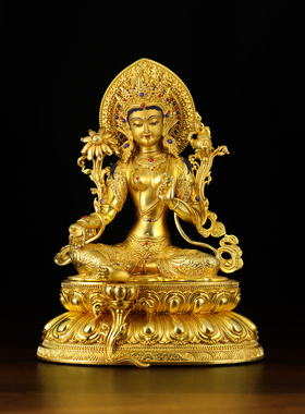 尼泊尔铜鎏金绿度母佛像15cm