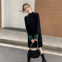 Semi-high collar knit one-piece dress woman autumn and winter hit bottom skirt loose sweater small sub lap in the middle of a long fur dress