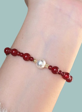 红玛瑙施家高亮珍珠秋冬手链 圣诞新年红色手串