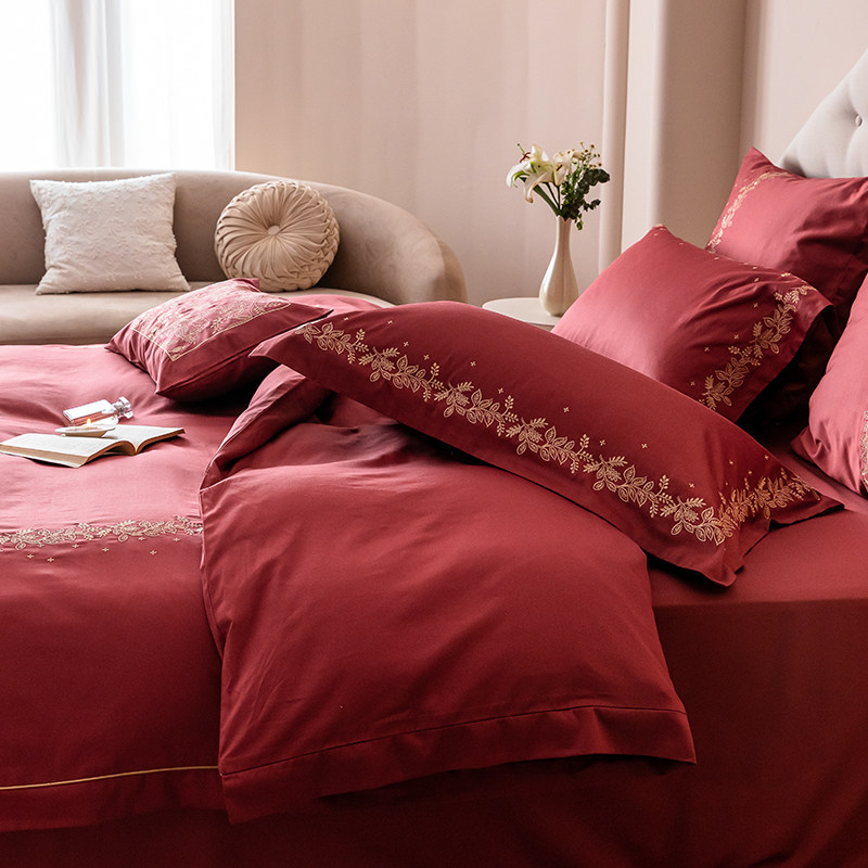 在耳边全棉长绒棉100S贡缎婚庆床上用品红色床品刺绣结婚四件套件,淘宝优惠券,粉丝福利购,淘宝优惠卷