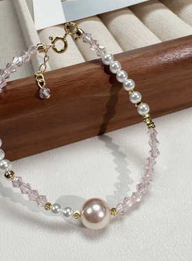 粉水晶珍珠手链女 极细手串原创设计小众轻奢精致少女手饰叠戴